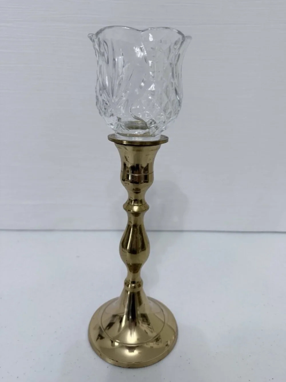Homco Tulip Diamond Clear Votive Holder on Heavy Brass Candlestick Holder 10.75